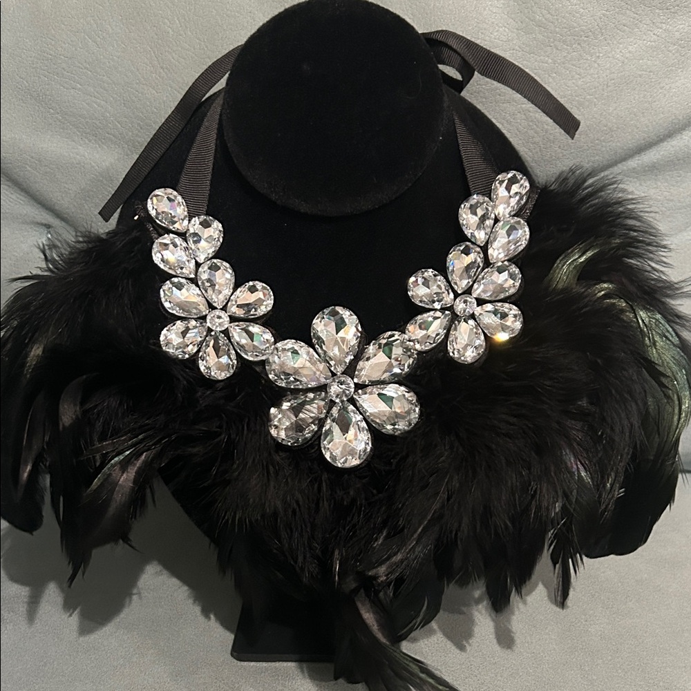 Black Feather Necklace with Crystal Flowers